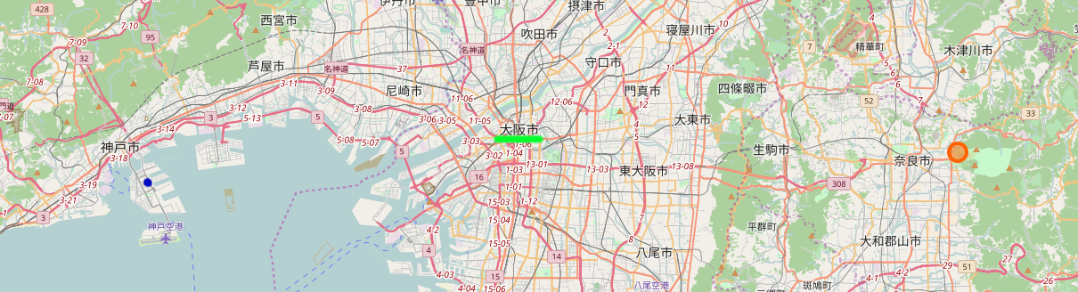My residence in blue on the left, Osaka in green in the middle, Todaiji in orange on the right