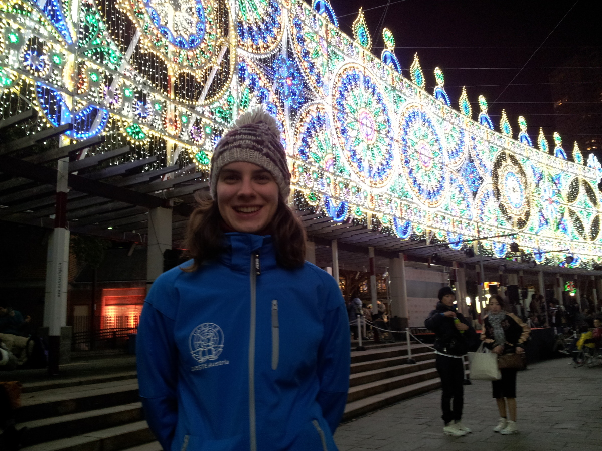 Martina in front of the light installation